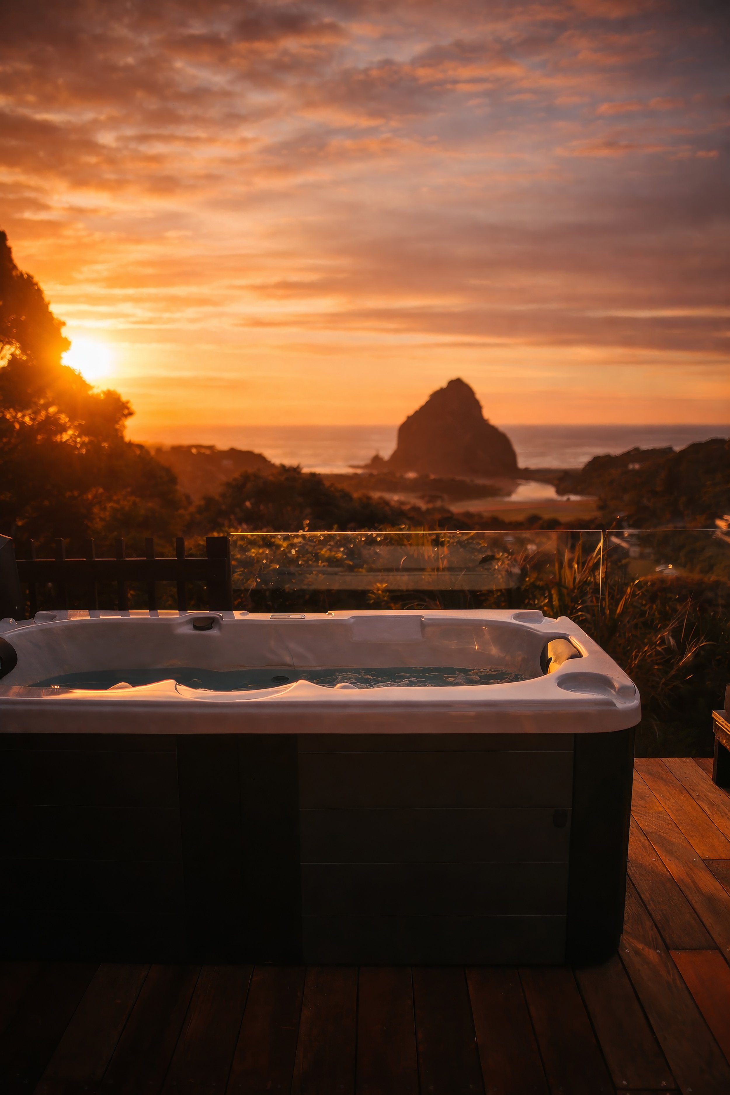 Outdoor spa pool on timber deck with rocky coastal headland view at sunset