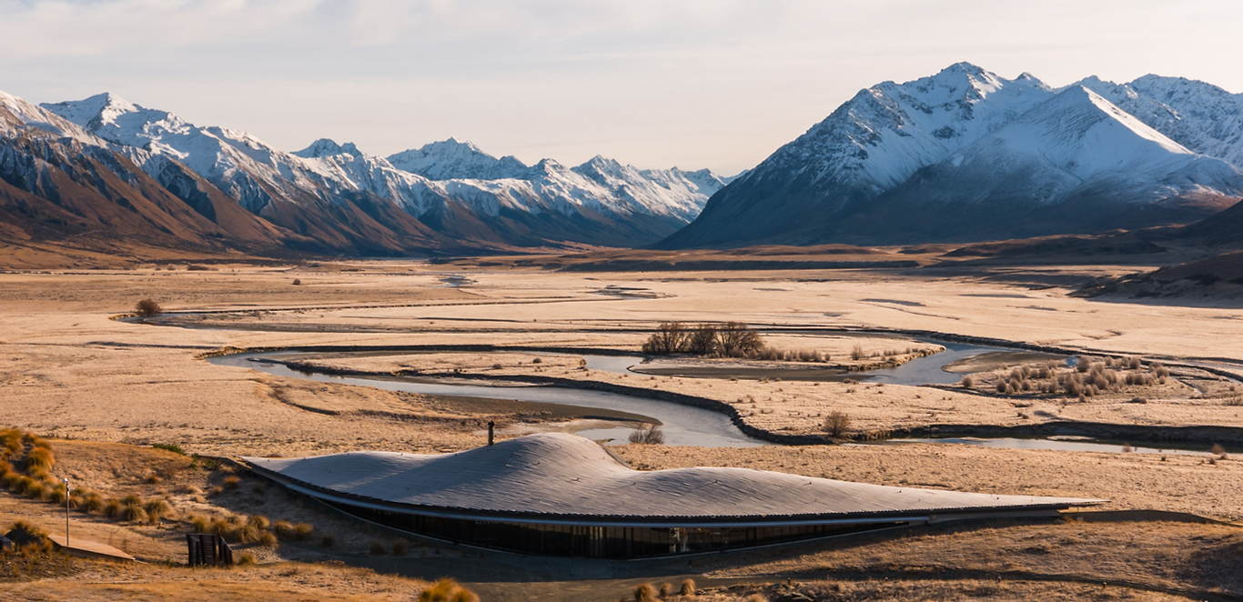 Low-profile curved building on a flat river plain with snow-capped mountains behind