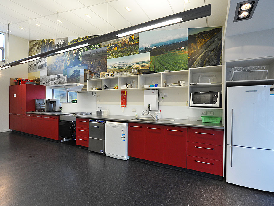 Commercial kitchen with red cabinetry and mural of landscape photos above