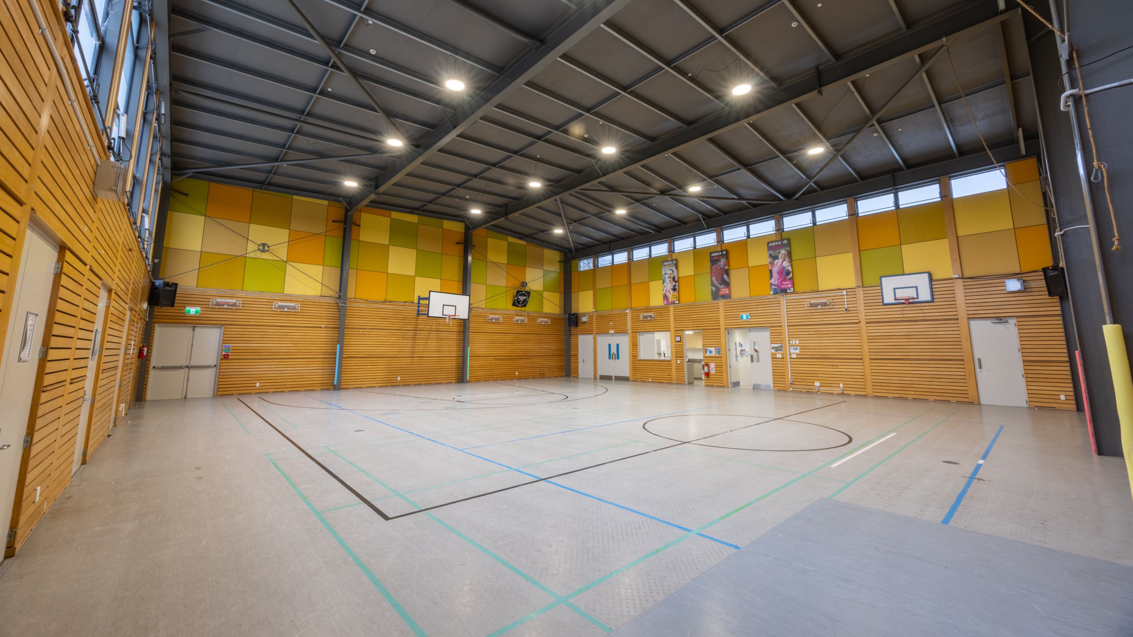 Large sports hall with timber wall panels and coloured acoustic ceiling tiles