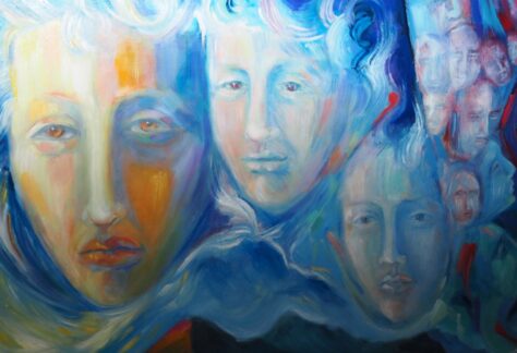 Painted artwork with multiple faces in blue and yellow tones