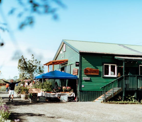 Green corrugated iron shed with gable roof, market stall canopy and potted plants outside