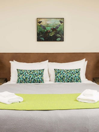 Double bed with patterned cushions and artwork above in lodge room