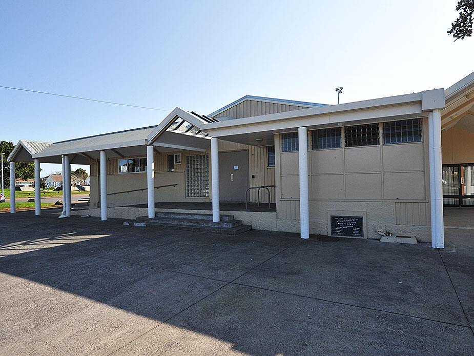 Single-storey hall with covered entrance canopy and white columns