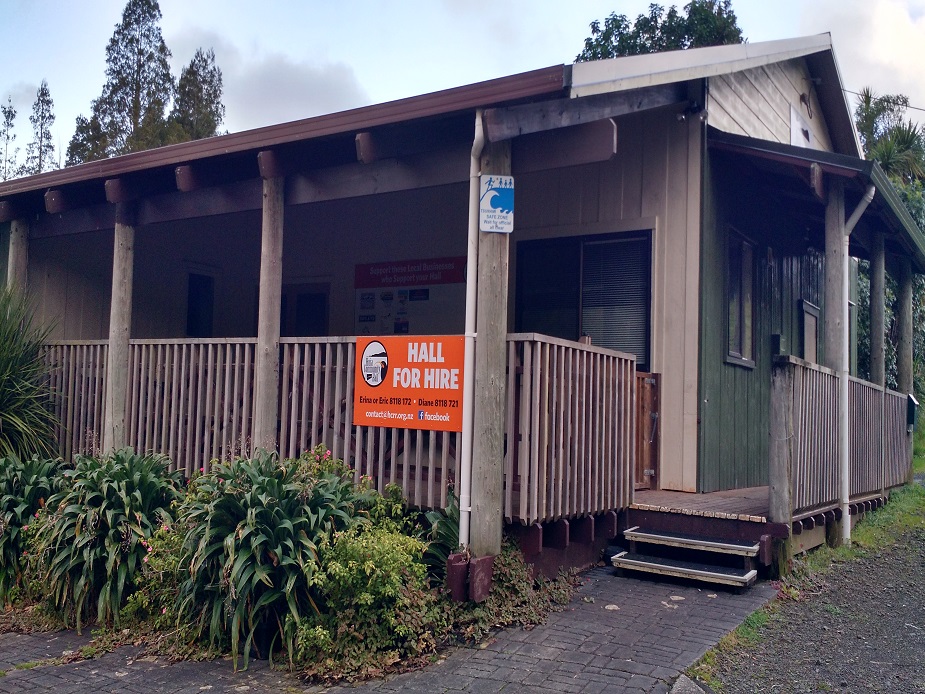 Small timber hall with covered veranda and Hall for Hire sign