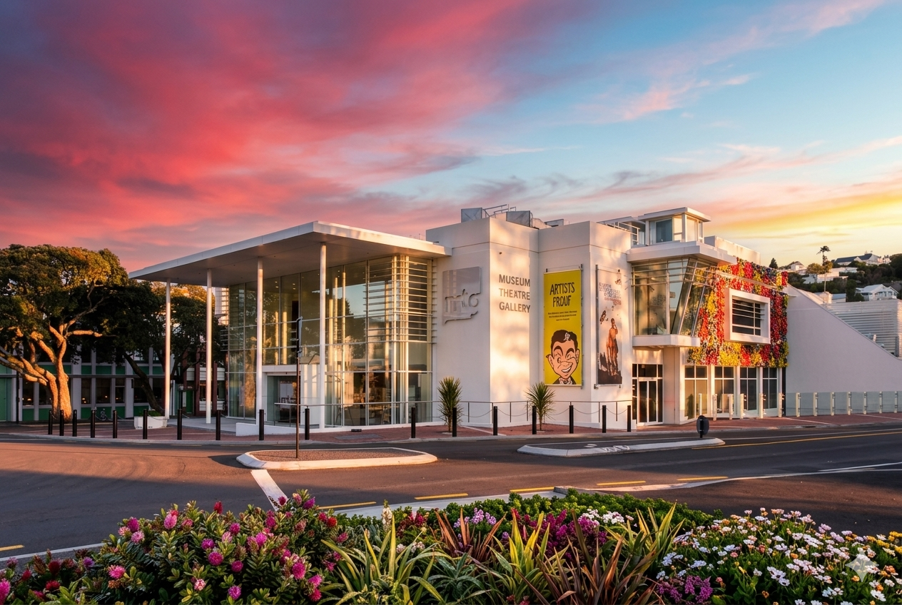 White flat-roofed civic building with full-height glazing and a living green wall, at dusk under a pink sky