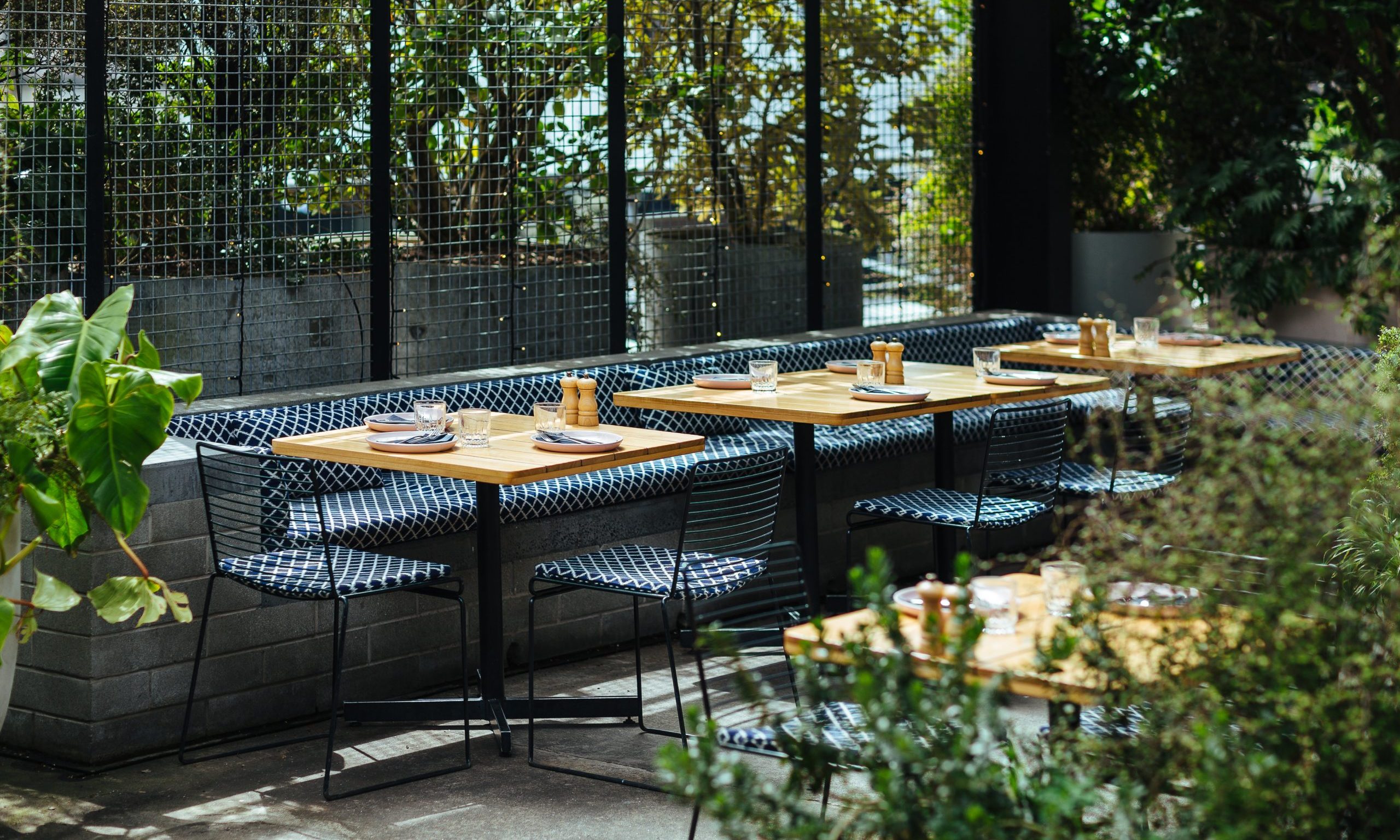 Outdoor dining terrace with timber tables, black wire chairs, and dense green plantings around black steel screen