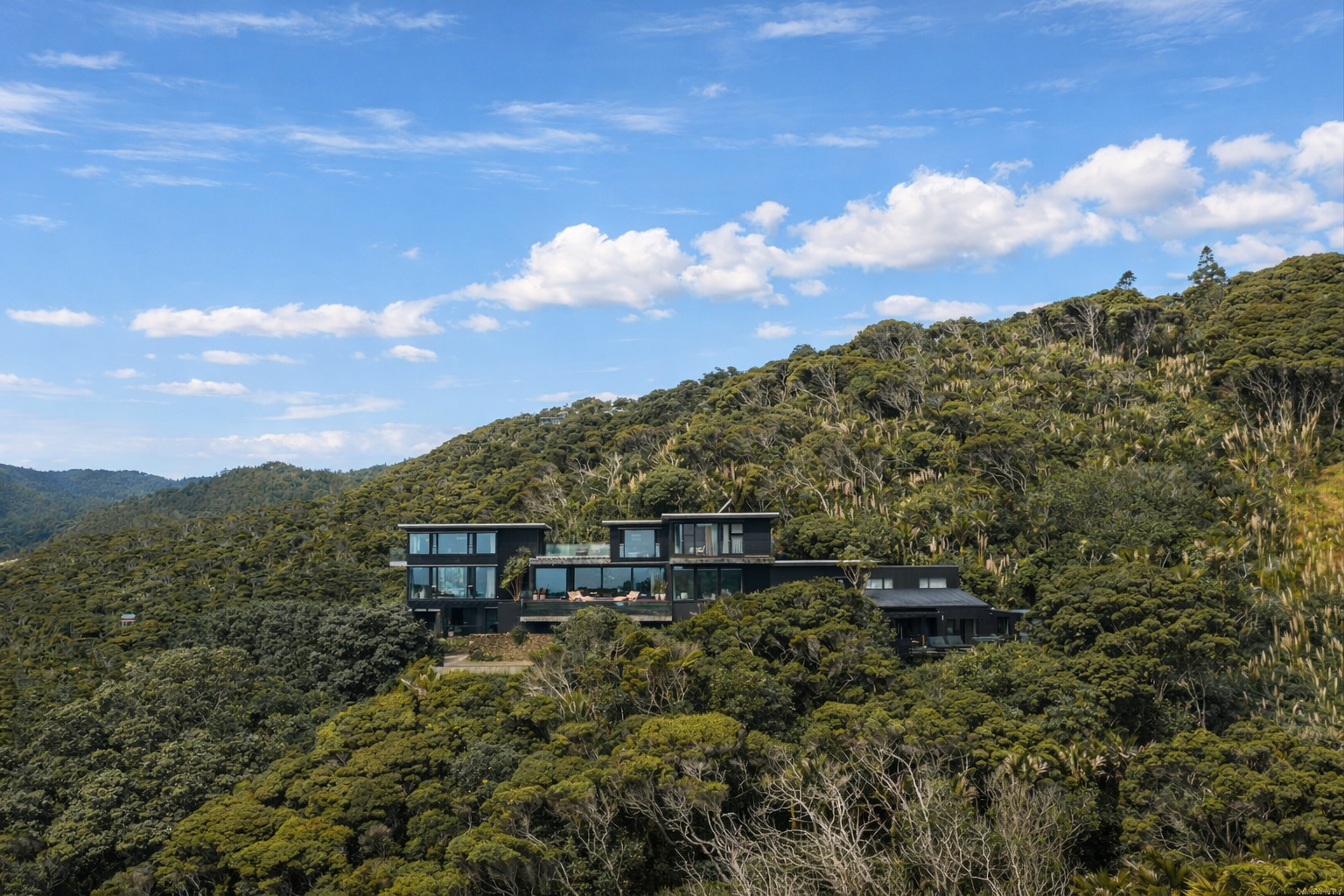 Dark-clad multi-level building set into densely forested hillside