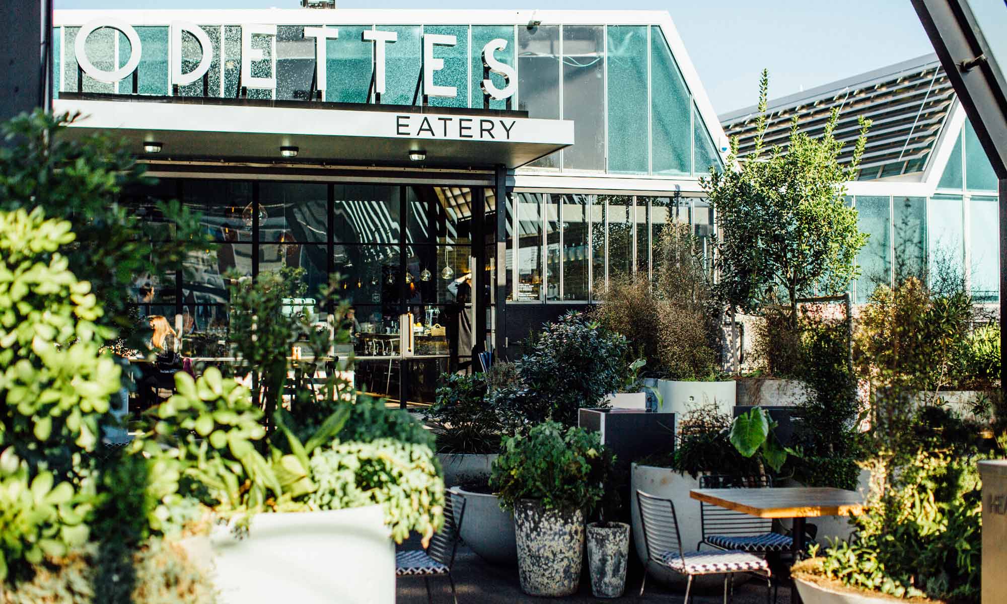 Rooftop eatery exterior with glass greenhouse addition, lush planted terrace and seating, black steel frame