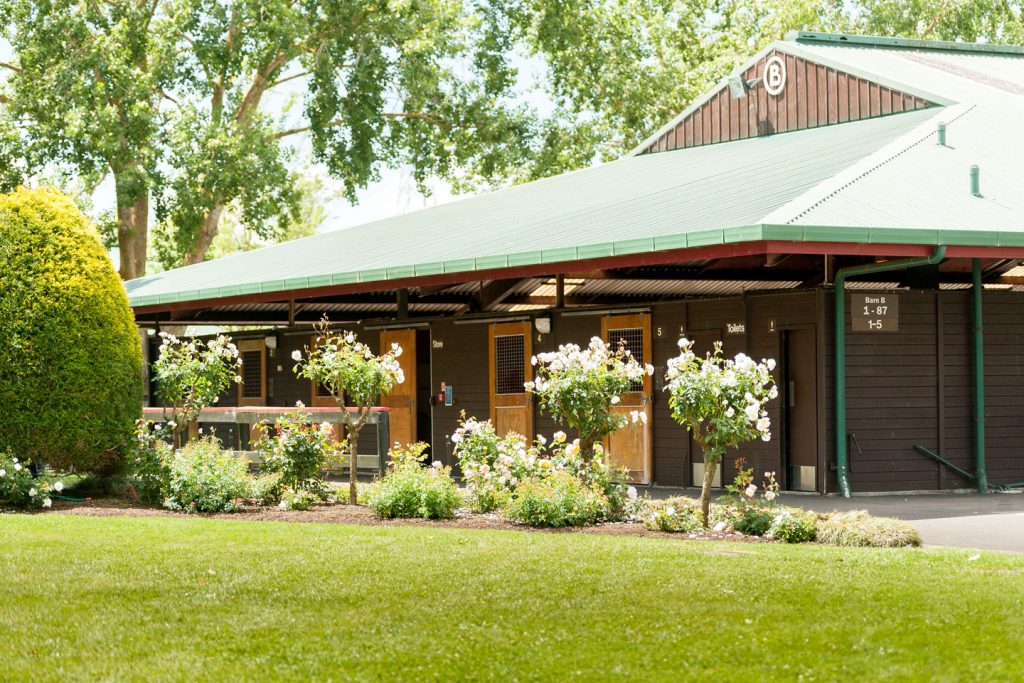 Dark timber stable block with green roof, flowering plants along the front, and lawn in foreground