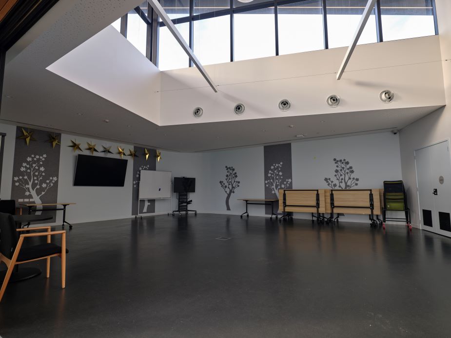 Flexible hall with large skylight roof, painted tree murals on grey walls, and folded tables to one side