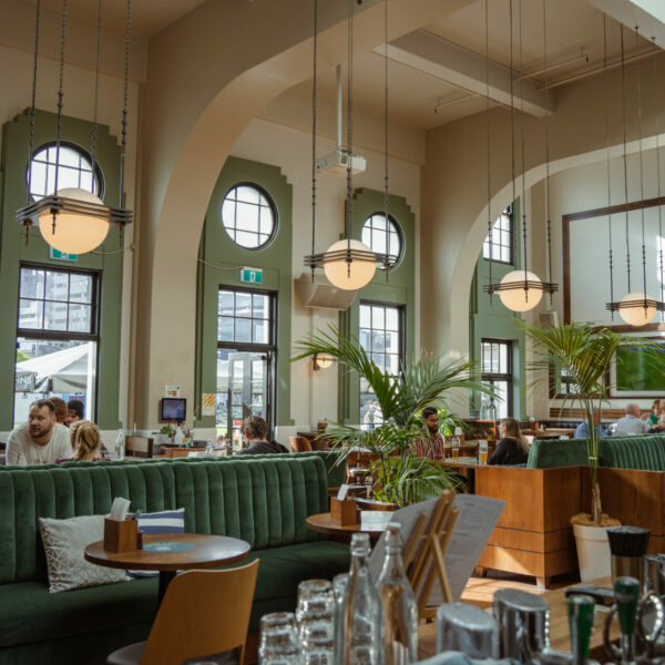 Backlit bar shelves with bottles under arched alcoves, timber counter, and tropical plants in the foreground