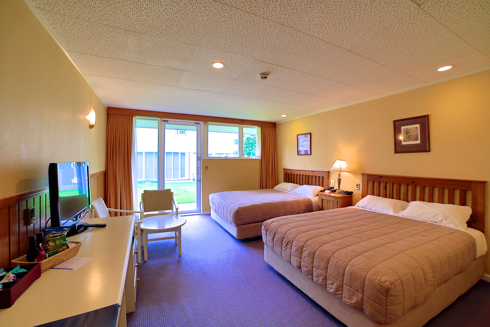Twin hotel room with two beds, TV and sliding doors to lawn outside