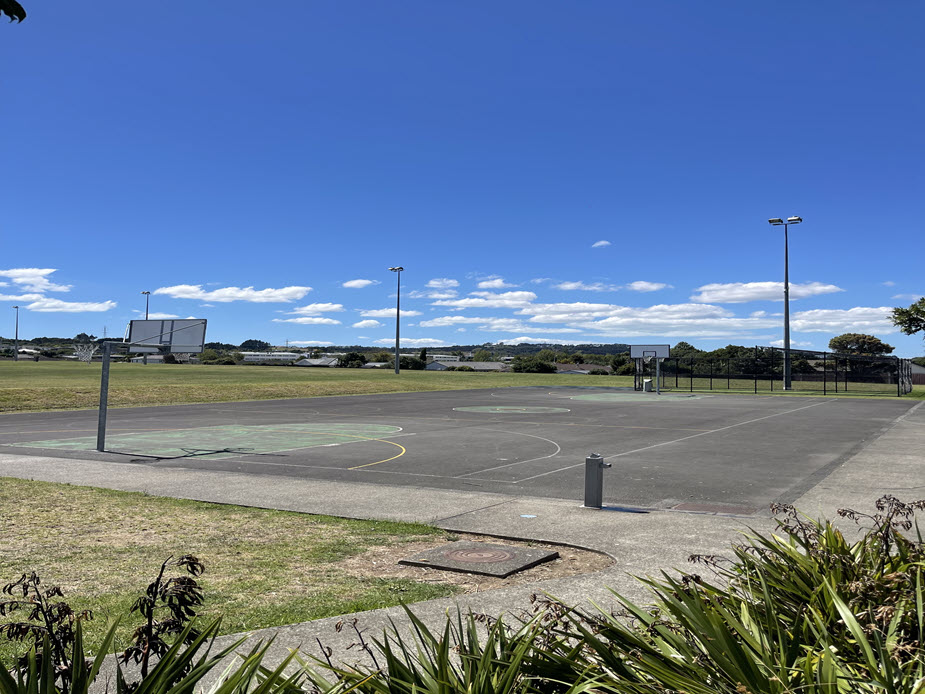 Outdoor basketball courts with field lighting poles and open paddock beyond