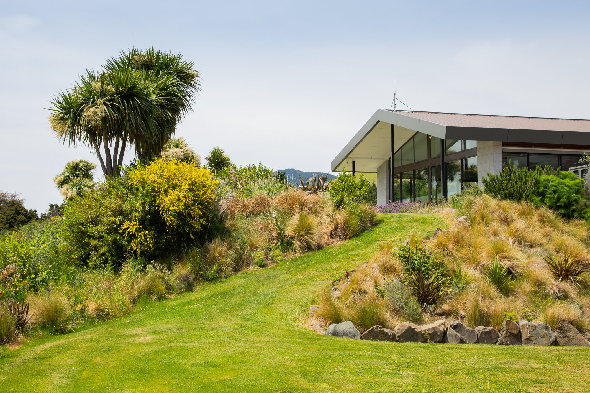 Landscaped garden with native plantings and lodge building with large windows