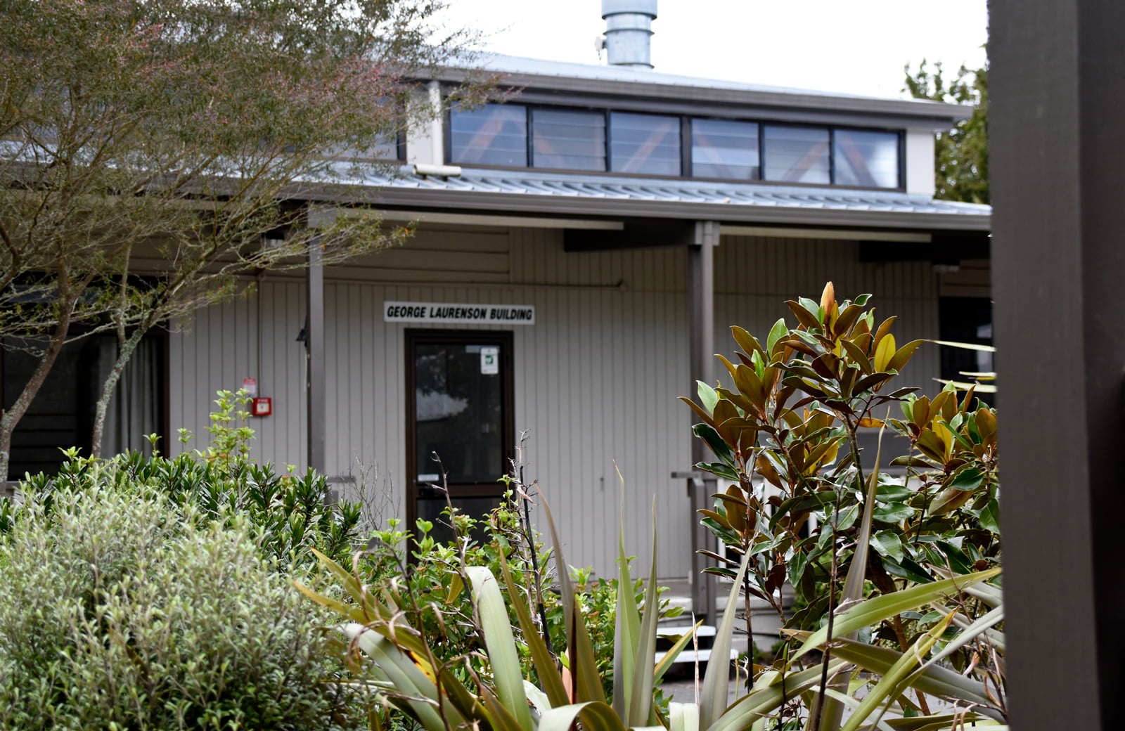 Single-storey timber-clad retreat building with planting in the foreground