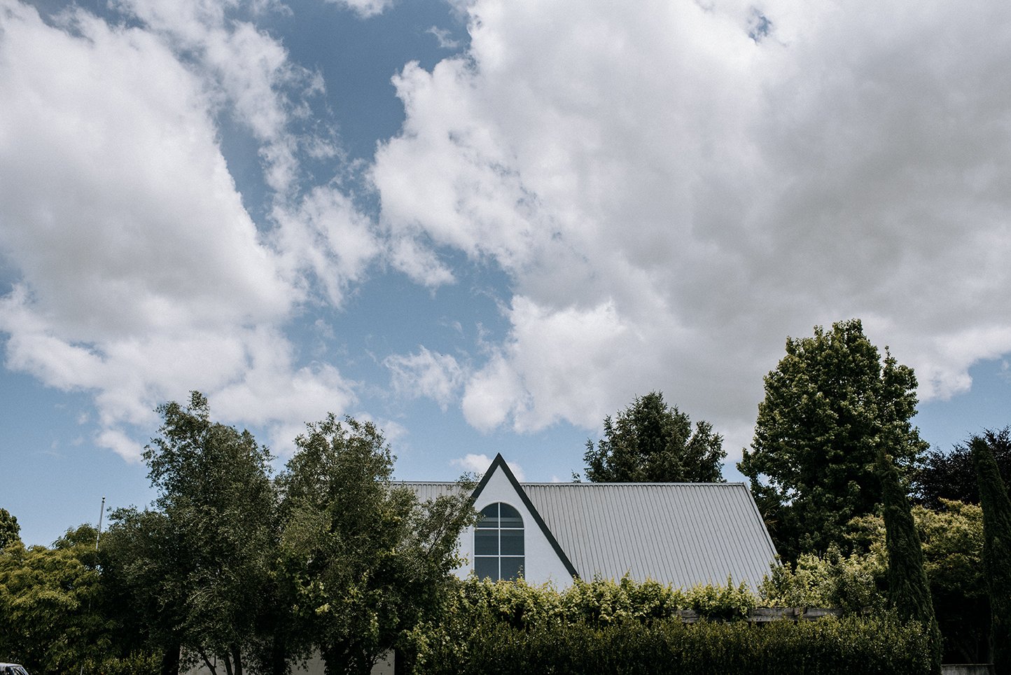 White metal-roofed building partially visible above trees against a cloudy sky