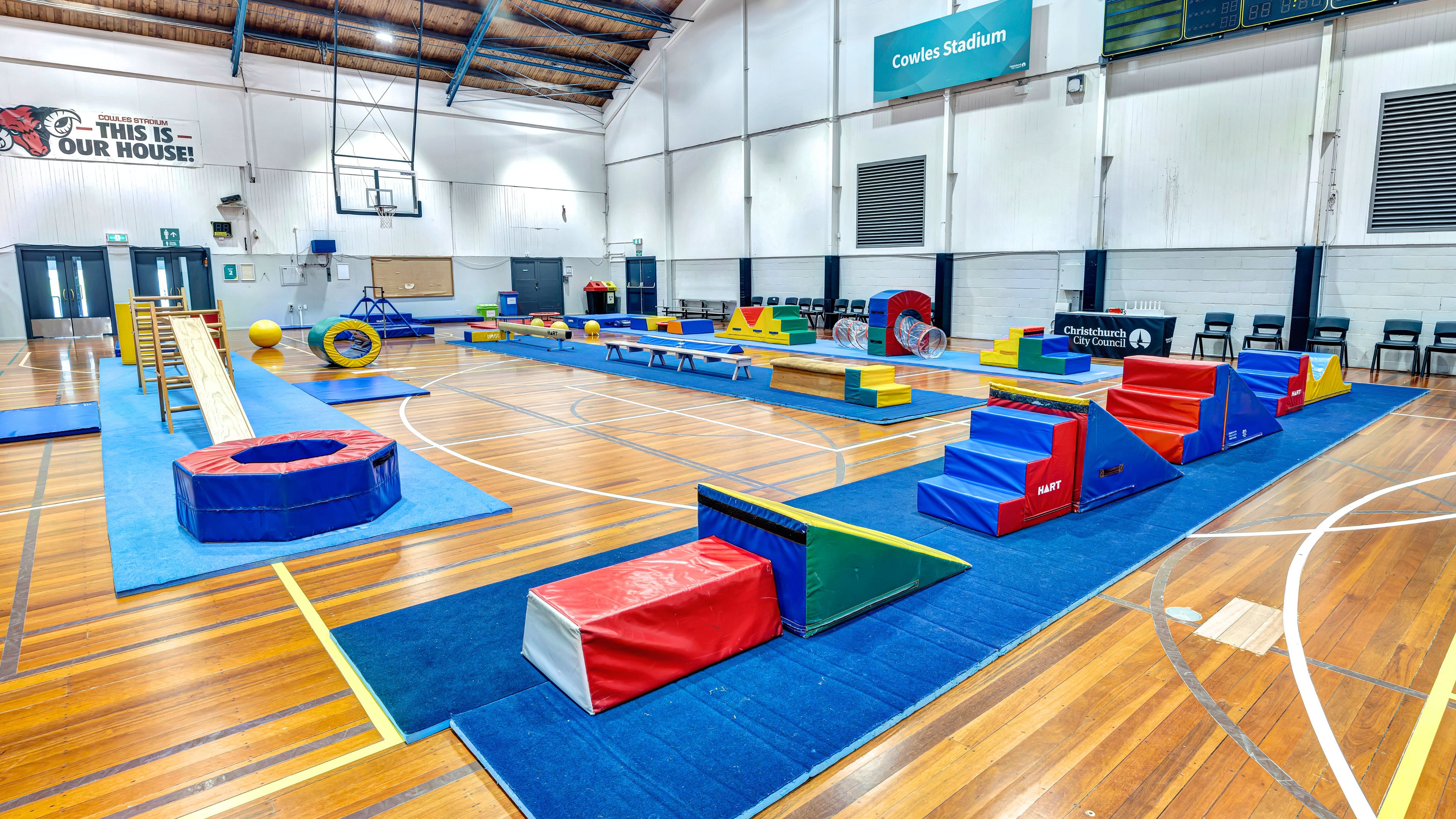 Sports hall with gymnastics equipment on a timber floor