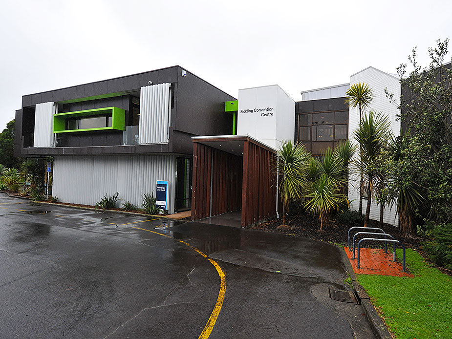 Fickling Convention Centre exterior with dark panels and green highlights