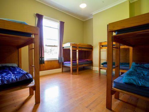 Bunk-bed dormitory room with timber floor and windows