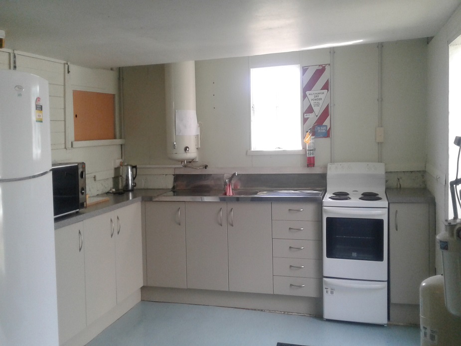 Basic kitchen with cream cabinets, stainless sink, white stove, and microwave